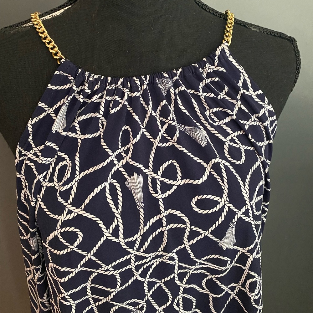 MICHAEL KORS NAVY WHITE NAUTICAL TOP W/GOLD CHAIN STRAPS